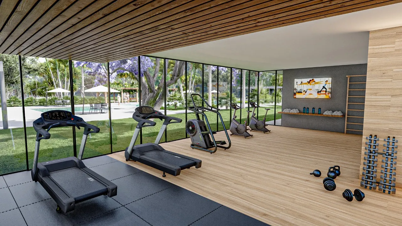 Academia com esteiras e vista para o jardim
