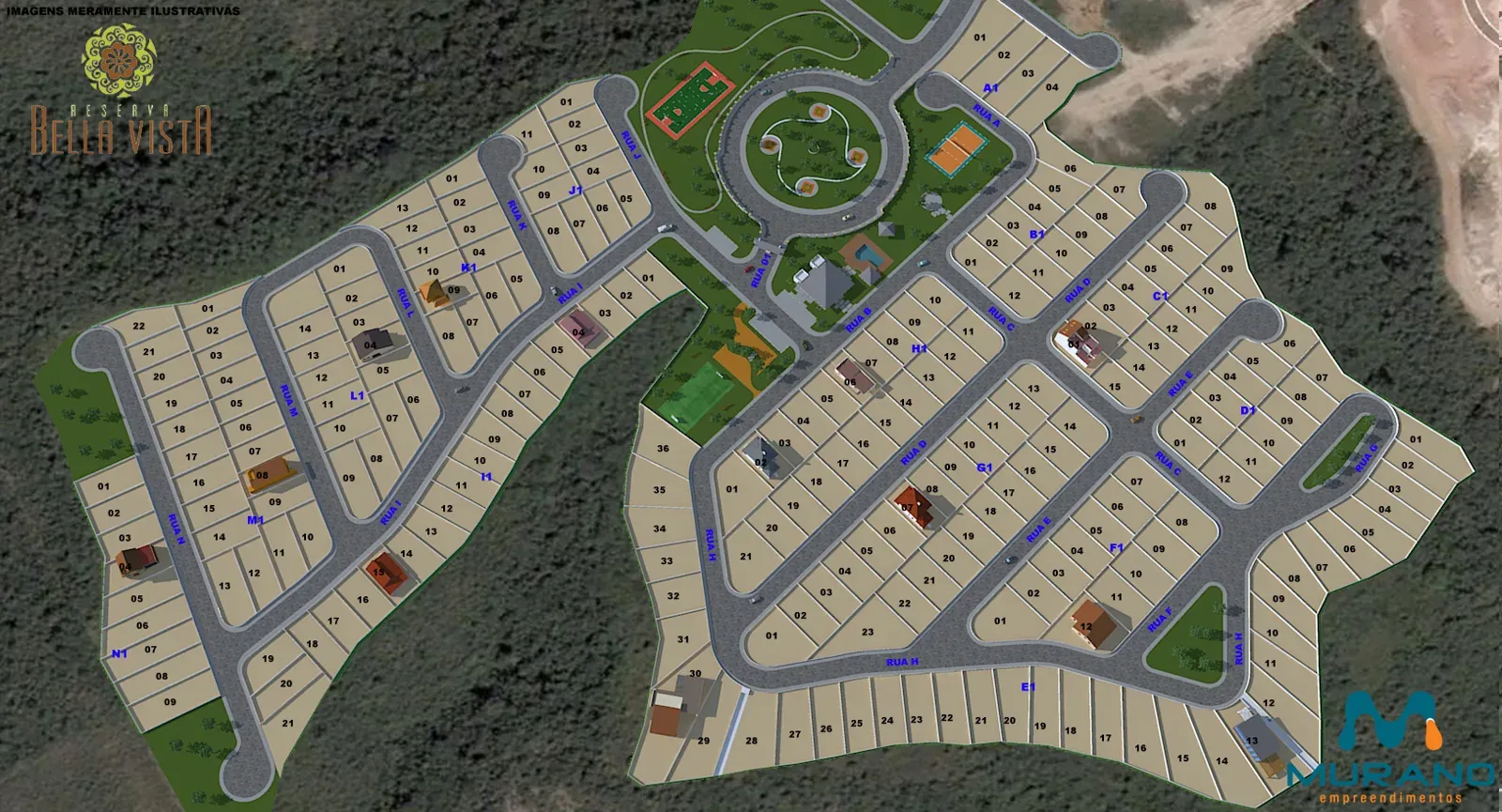 Planta de implantação do Reserva Bella Vista, com as quadras de lotes, as ruas e a praça central