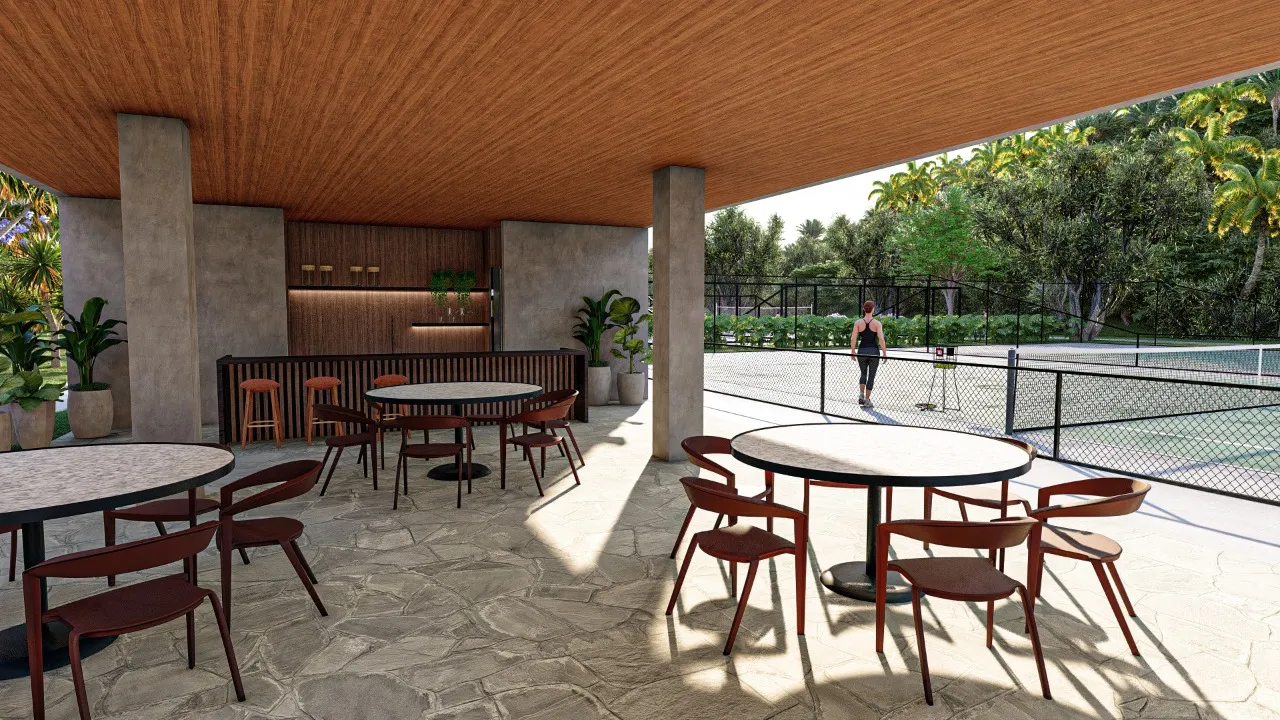 Lounge com vista para a quadra de tênis