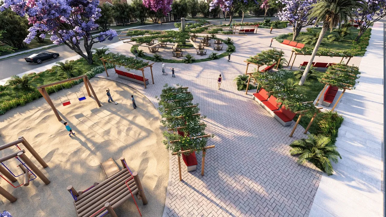 Praça com playground e área de convivência no Condomínio Tramonto