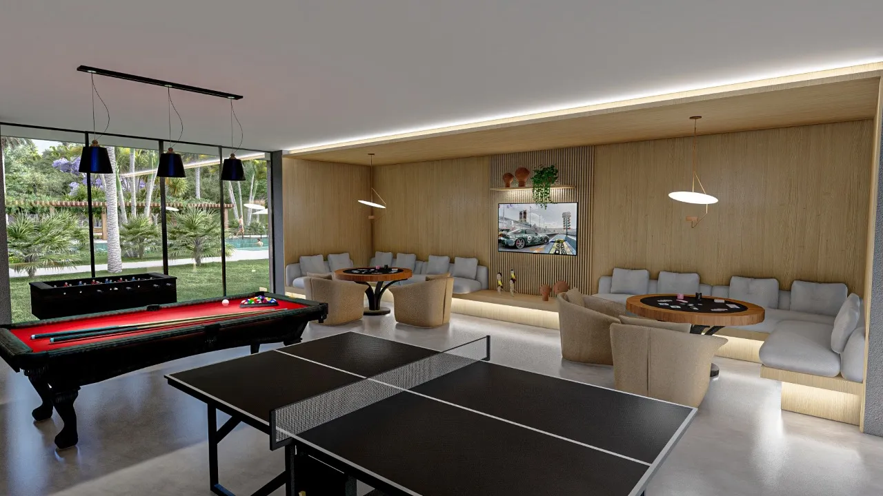 Salão de jogos com mesa de sinuca e tênis de mesa